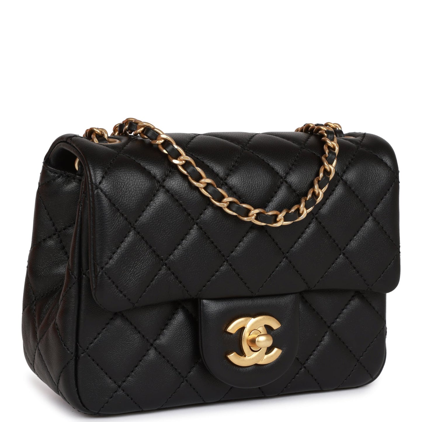 Chanel Cc Pearl Crush Mini Square Flap Bag Black Lambskin Antique Gold Hardware