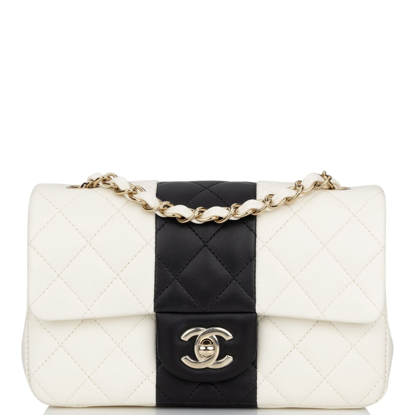 Chanel Mini Rectangular Flap Bag White And Black Lambskin Light Gold Hardware