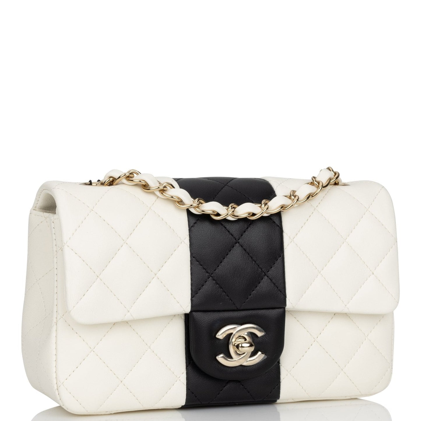 Chanel Mini Rectangular Flap Bag White And Black Lambskin Light Gold Hardware