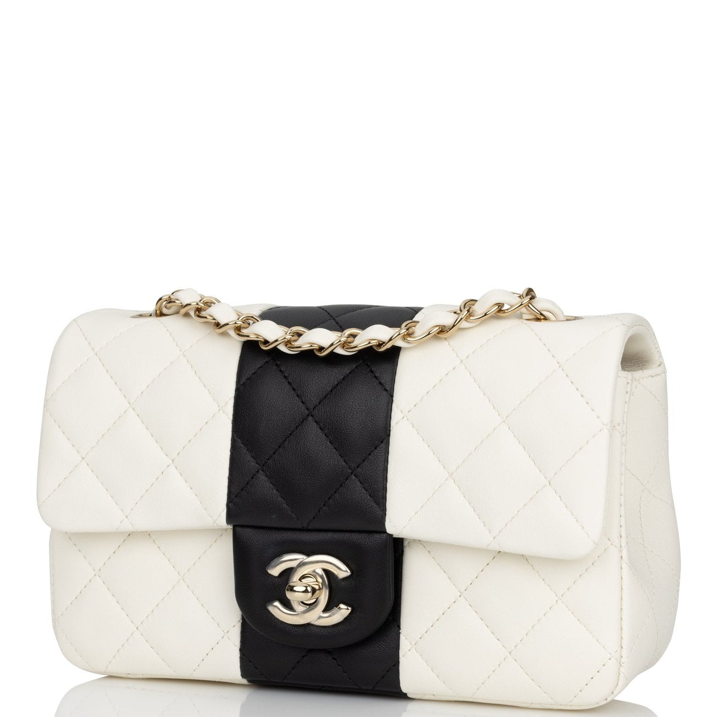 Chanel Mini Rectangular Flap Bag White And Black Lambskin Light Gold Hardware