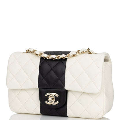 Chanel Mini Rectangular Flap Bag White And Black Lambskin Light Gold Hardware