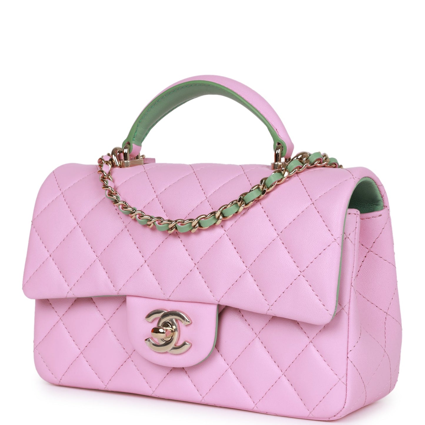 Chanel Mini Rectangular Flap With Top Handle Lilac And Green Lambskin Light Gold Hardware