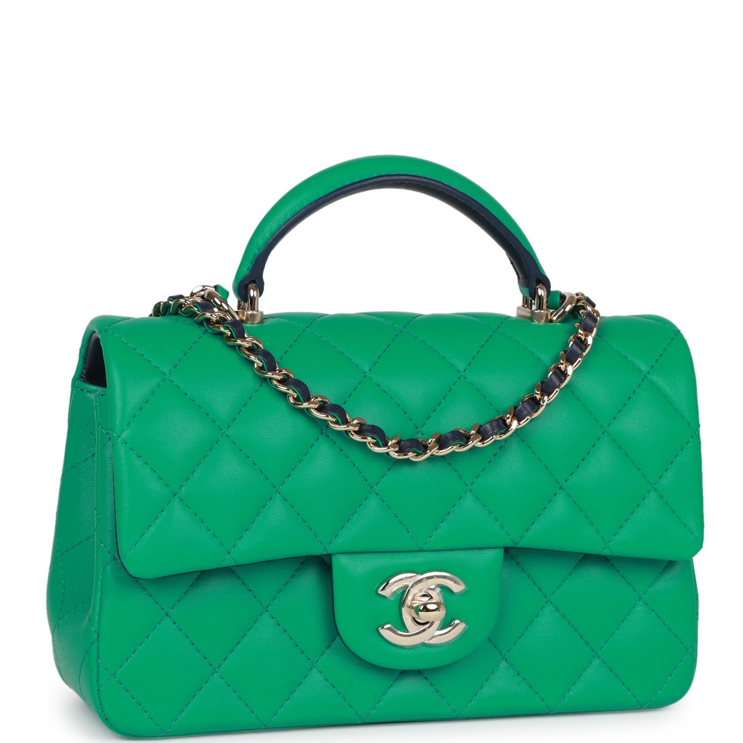 Chanel Mini Rectangular Flap With Top Handle Green And Navy Blue Lambskin Light Gold Hardware