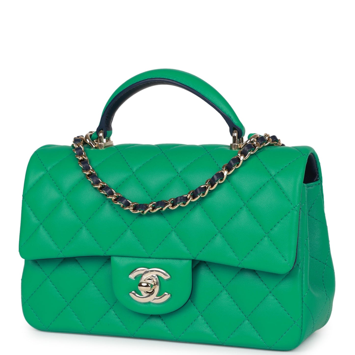 Chanel Mini Rectangular Flap With Top Handle Green And Navy Blue Lambskin Light Gold Hardware