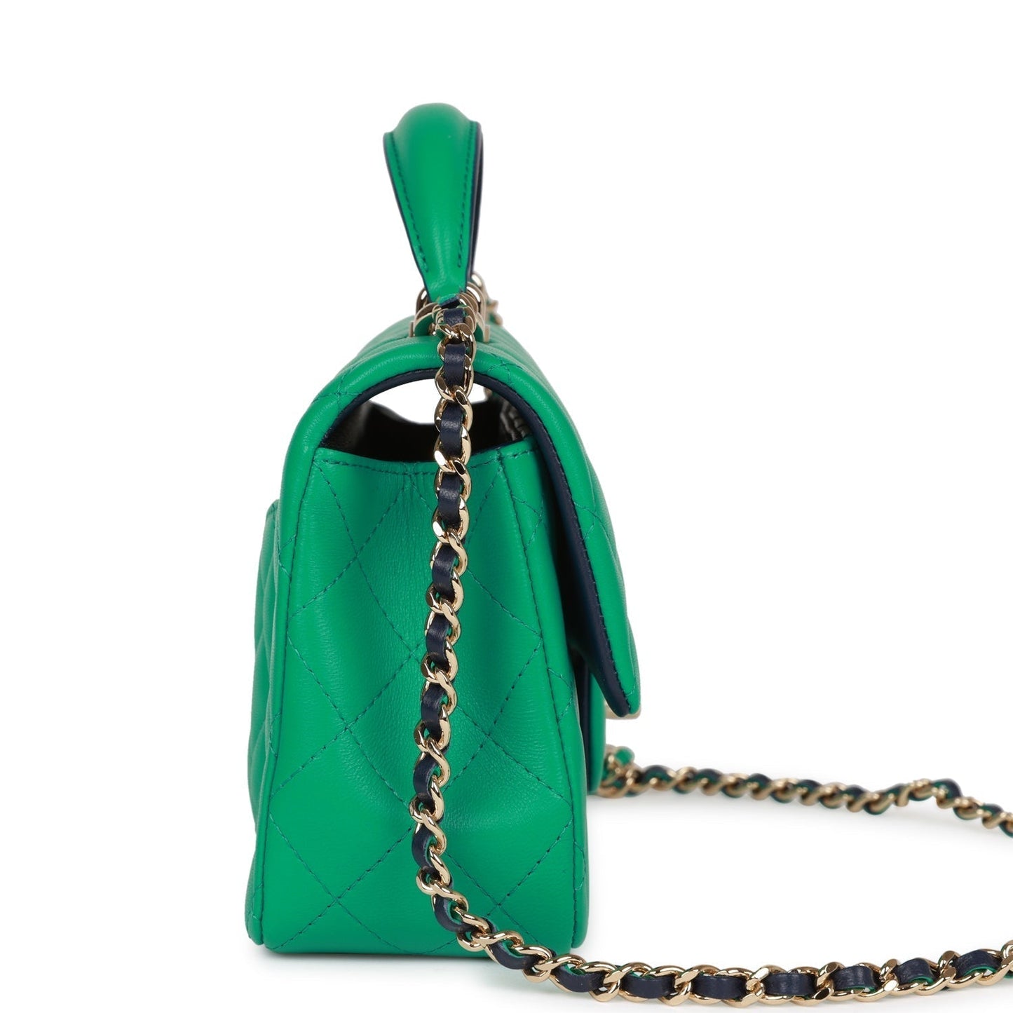 Chanel Mini Rectangular Flap With Top Handle Green And Navy Blue Lambskin Light Gold Hardware