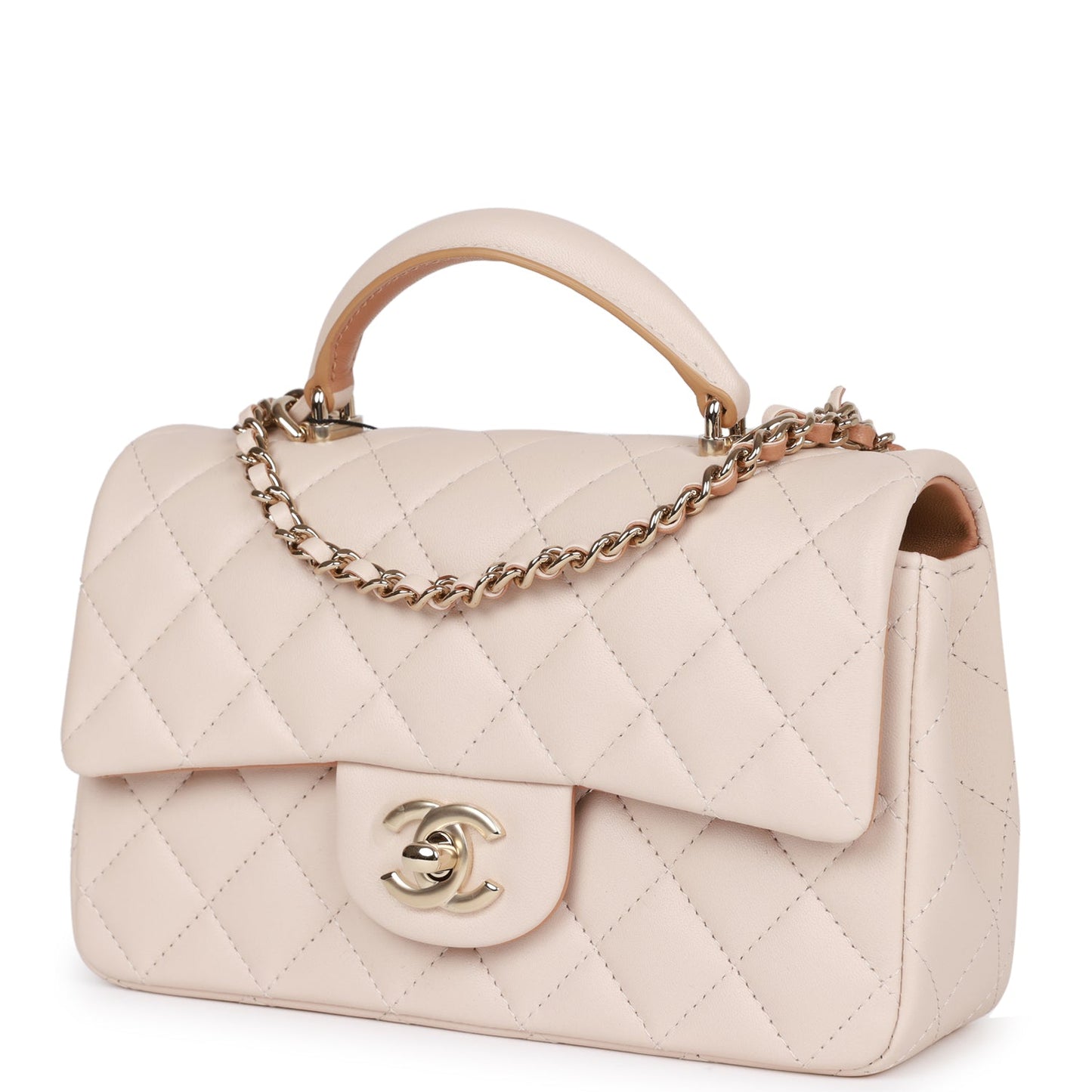 Chanel Mini Rectangular Flap With Top Handle Beige And Caramel Lambskin Light Gold Hardware