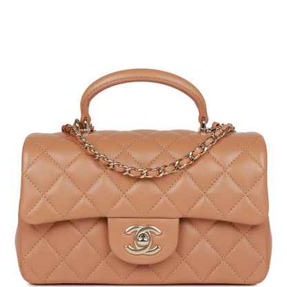 Chanel Mini Rectangular Flap With Top Handle Caramel Lambskin Light Gold Hardware