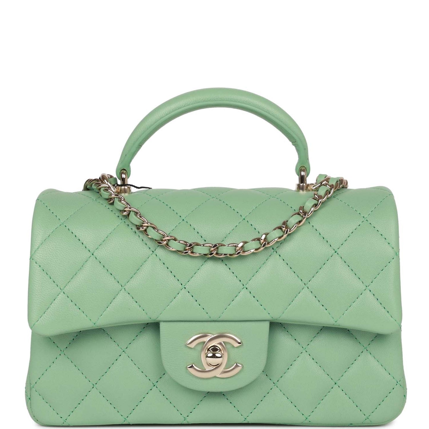 Chanel Mini Rectangular Flap With Top Handle Light Green Lambskin Light Gold Hardware