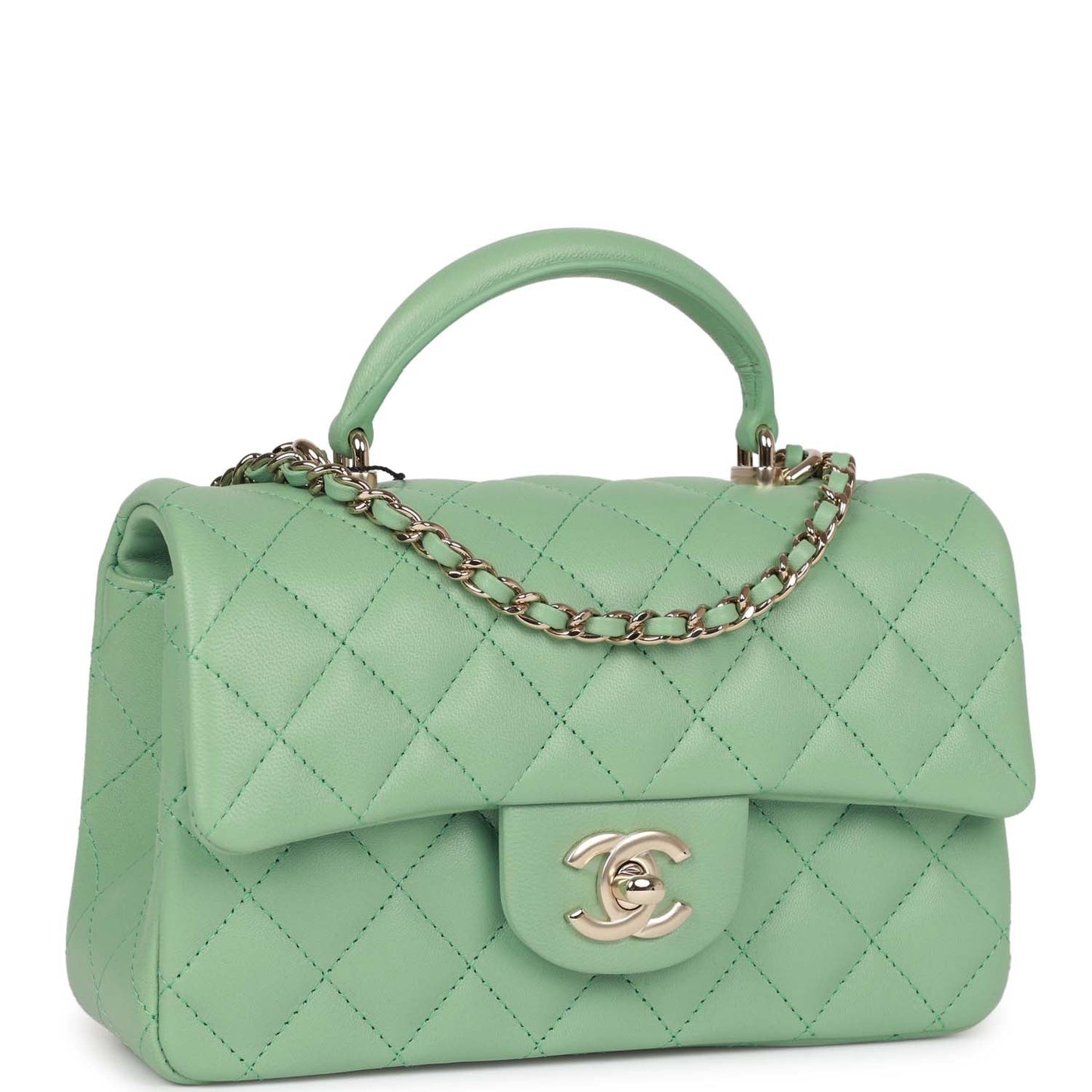 Chanel Mini Rectangular Flap With Top Handle Light Green Lambskin Light Gold Hardware