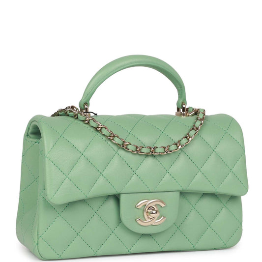 Chanel Mini Rectangular Flap With Top Handle Light Green Lambskin Light Gold Hardware
