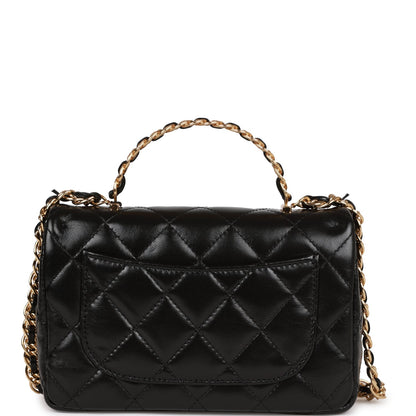 Chanel Mini Rectangular Flap With Top Handle Black Lambskin Gold Hardware