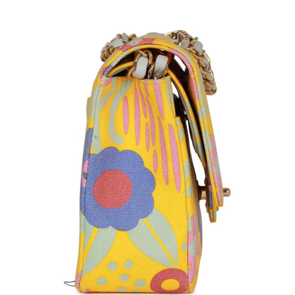 Chanel Medium Classic Double Flap Bag Yellow And Multicolor Floral Print Canvas Gold Hardware