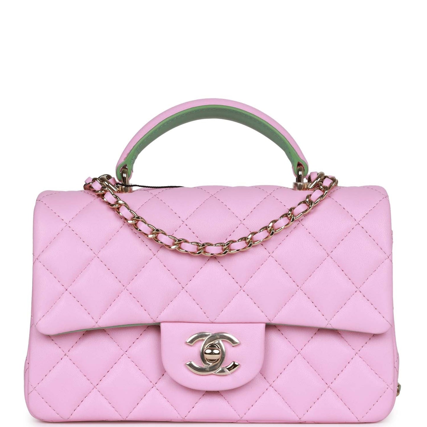 Chanel Mini Rectangular Flap With Top Handle Pink And Green Lambskin Light Gold Hardware
