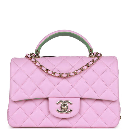 Chanel Mini Rectangular Flap With Top Handle Pink And Green Lambskin Light Gold Hardware