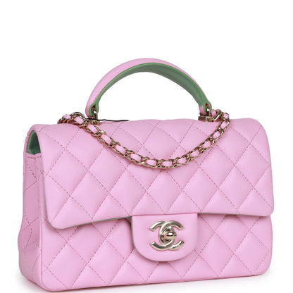 Chanel Mini Rectangular Flap With Top Handle Pink And Green Lambskin Light Gold Hardware