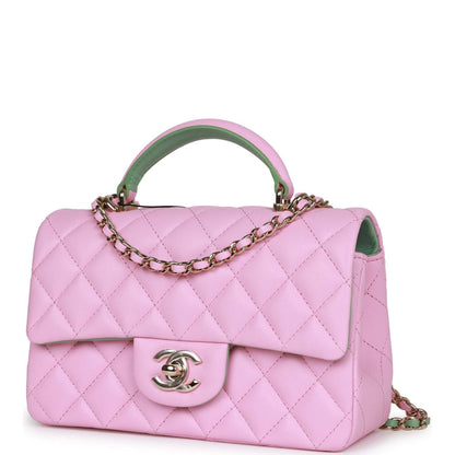 Chanel Mini Rectangular Flap With Top Handle Pink And Green Lambskin Light Gold Hardware
