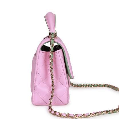 Chanel Mini Rectangular Flap With Top Handle Pink And Green Lambskin Light Gold Hardware