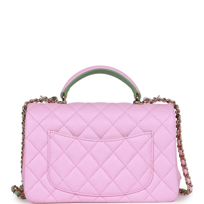 Chanel Mini Rectangular Flap With Top Handle Pink And Green Lambskin Light Gold Hardware