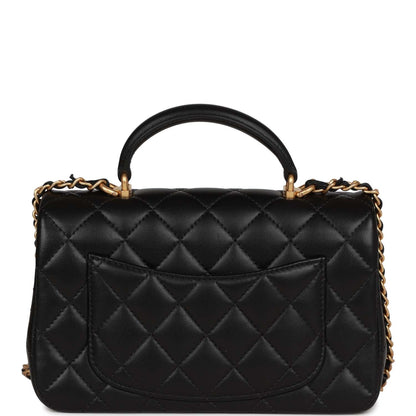 Chanel Mini Rectangular Flap With Top Handle Black Lambskin Antique Gold Hardware