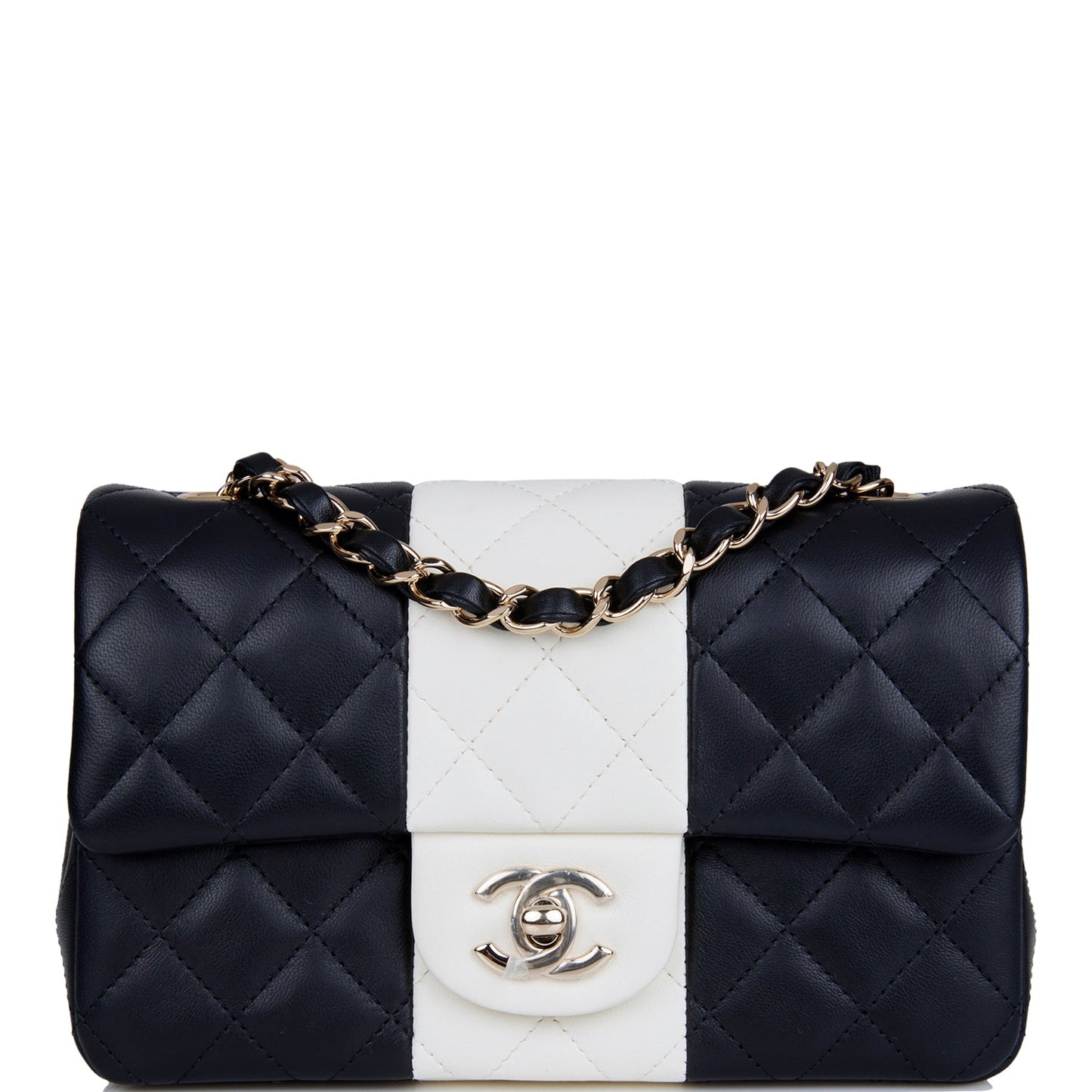 Chanel Mini Rectangular Flap Bag Black And White Lambskin Light Gold Hardware