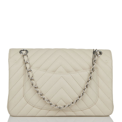 Chanel Small Chevron Classic Double Flap Ecru Calfskin Silver Hardware