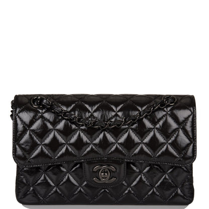 Chanel Small Classic Double Flap Shiny So Black Crumpled Calfskin Black Hardware
