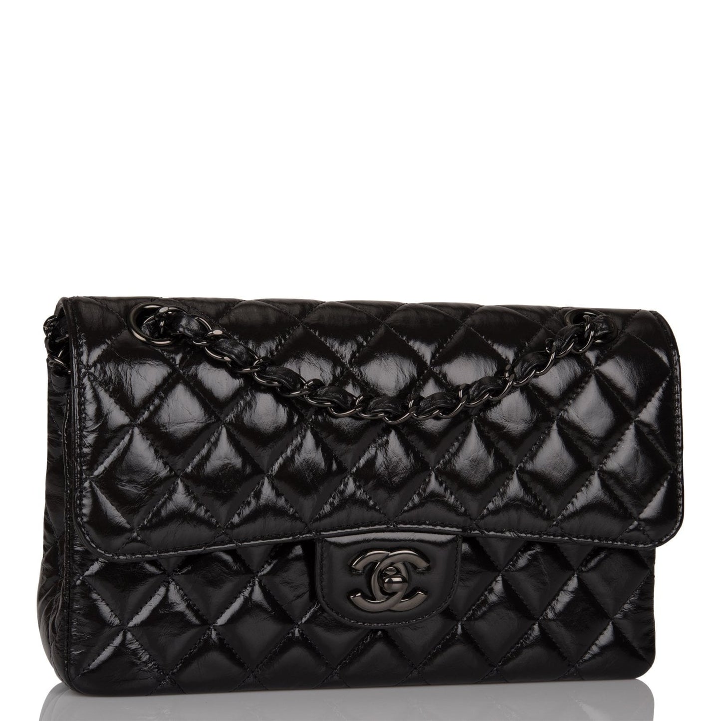 Chanel Small Classic Double Flap Shiny So Black Crumpled Calfskin Black Hardware