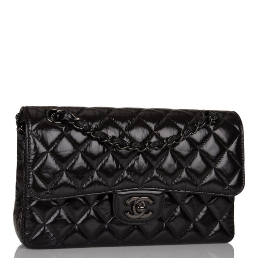 Chanel Small Classic Double Flap Shiny So Black Crumpled Calfskin Black Hardware