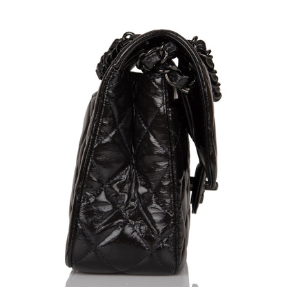 Chanel Small Classic Double Flap Shiny So Black Crumpled Calfskin Black Hardware