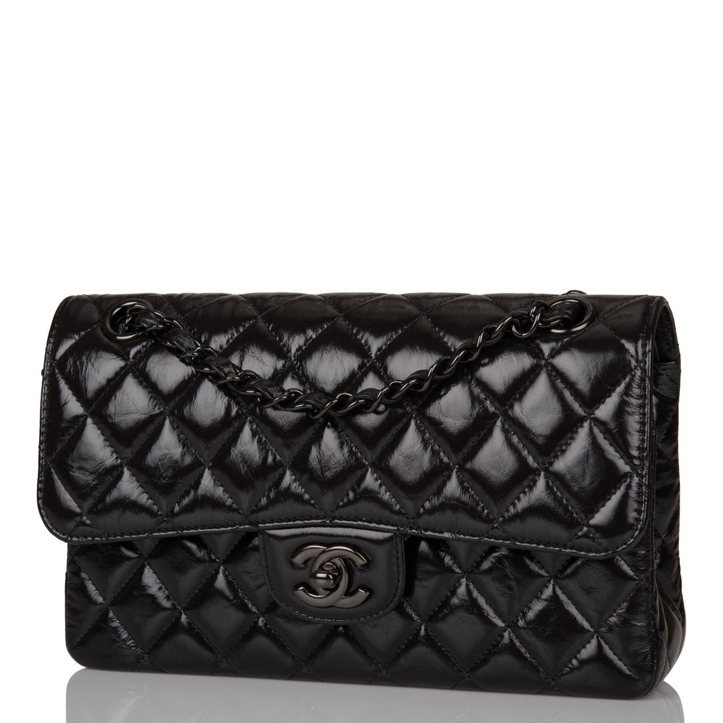 Chanel Small Classic Double Flap Shiny So Black Crumpled Calfskin Black Hardware
