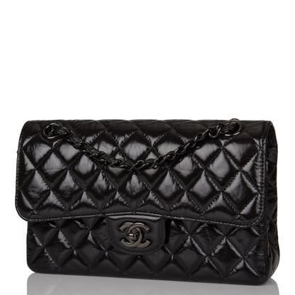 Chanel Small Classic Double Flap Shiny So Black Crumpled Calfskin Black Hardware