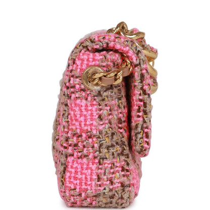 Chanel Small Elegant Chain Flap Bag Pink And Beige Tweed Gold Hardware
