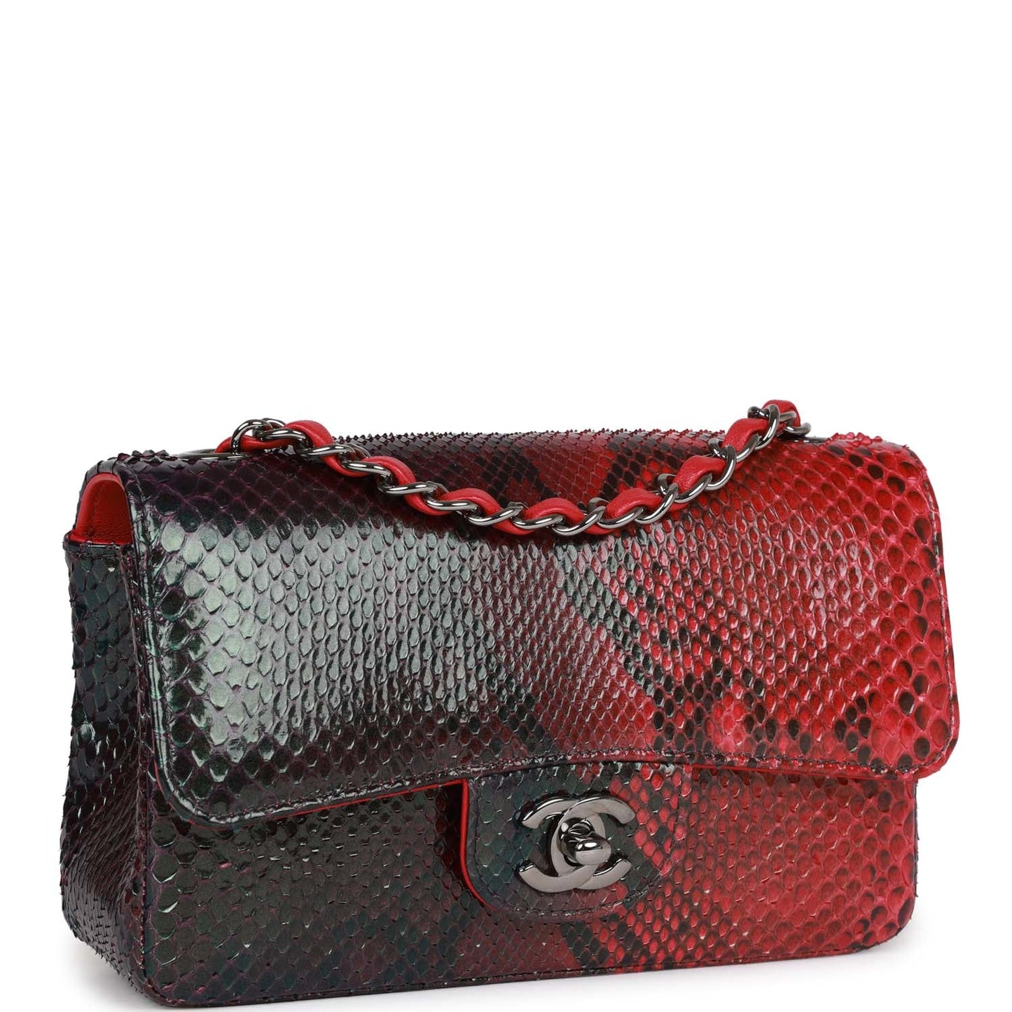 Chanel Mini Rectangular Flap Bag Red And Black Python Ruthenium Hardware