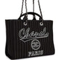 Chanel Large Deauville Shopping Bag Black And White Pinstripe Ruthenium Hardware