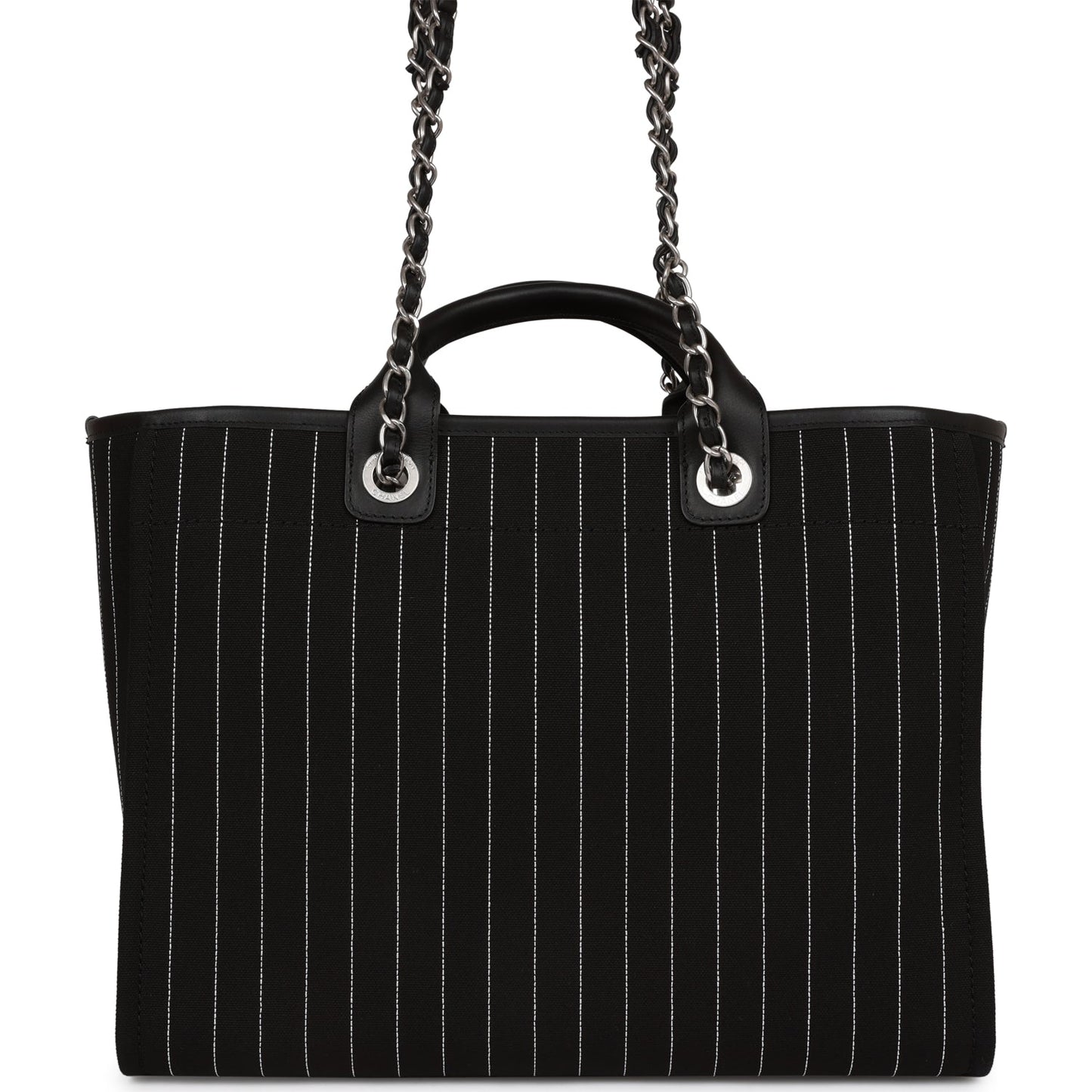 Chanel Large Deauville Shopping Bag Black And White Pinstripe Ruthenium Hardware