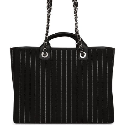 Chanel Large Deauville Shopping Bag Black And White Pinstripe Ruthenium Hardware