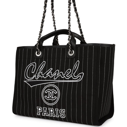 Chanel Large Deauville Shopping Bag Black And White Pinstripe Ruthenium Hardware