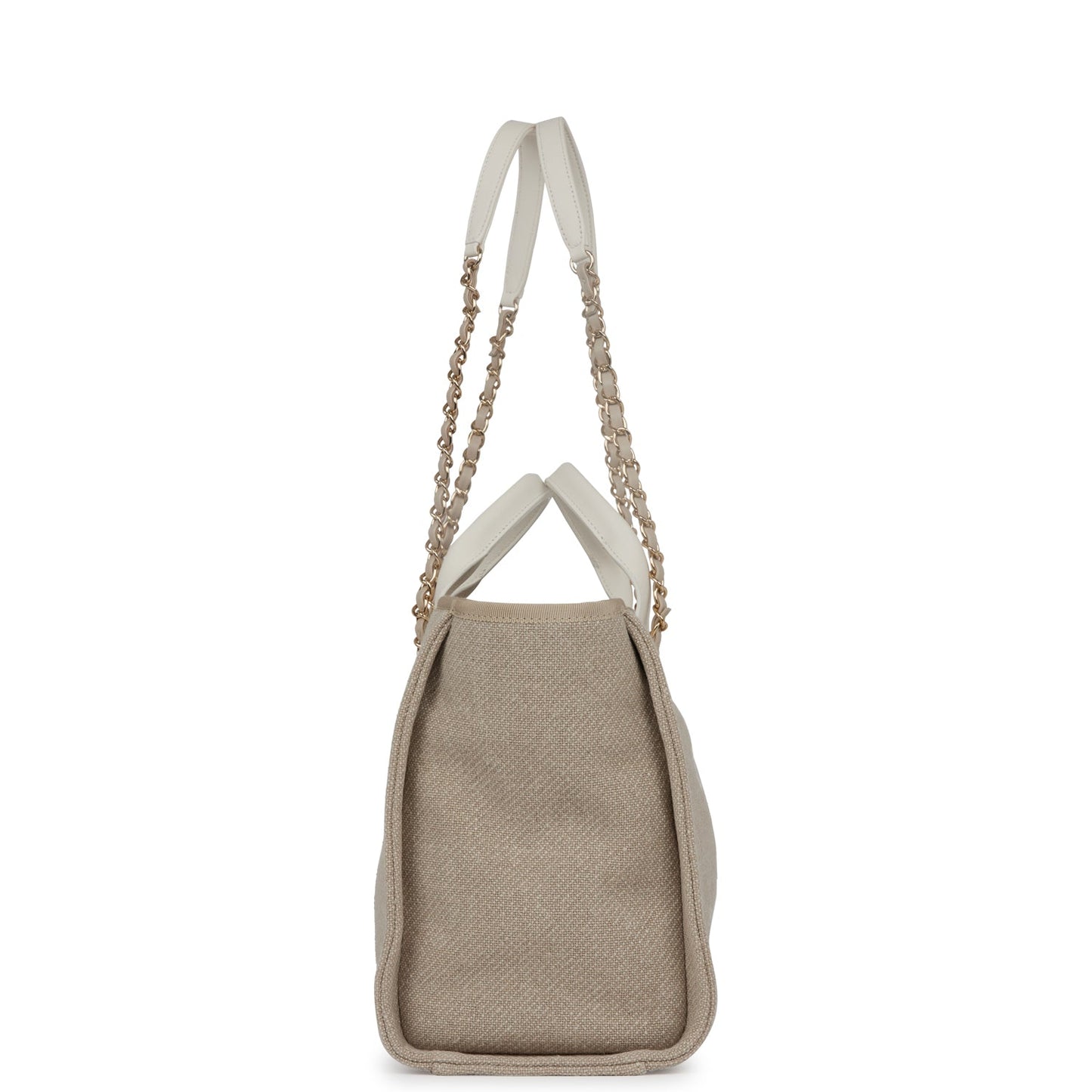 Chanel Small Deauville Shopping Bag White And Beige Boucle Light Gold Hardware