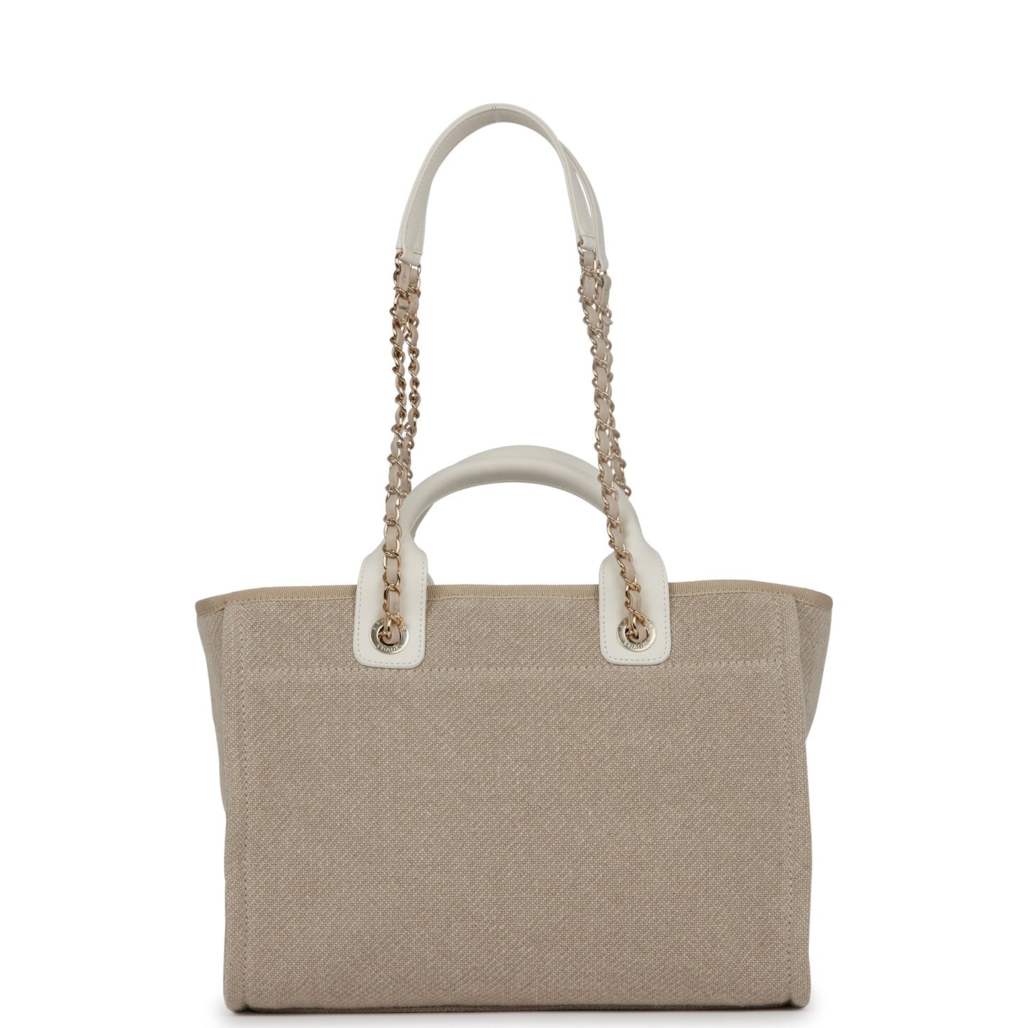 Chanel Small Deauville Shopping Bag White And Beige Boucle Light Gold Hardware