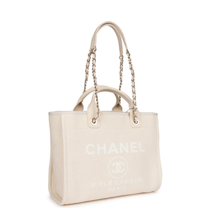 Chanel Large Deauville Shopping Bag White Boucle Light Gold Hardware