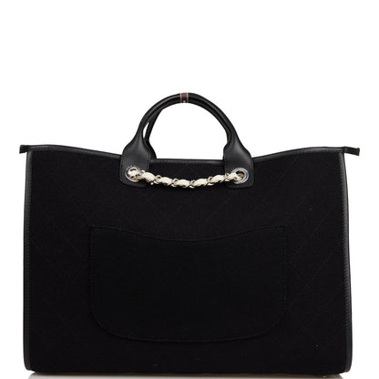 Chanel Large Deauville Shopping Bag Black And White Wool Silver Hardware
