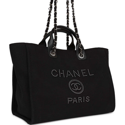Chanel Large Deauville Shopping Bag Imitation Pearl And Black Canvas Silver Hardware
