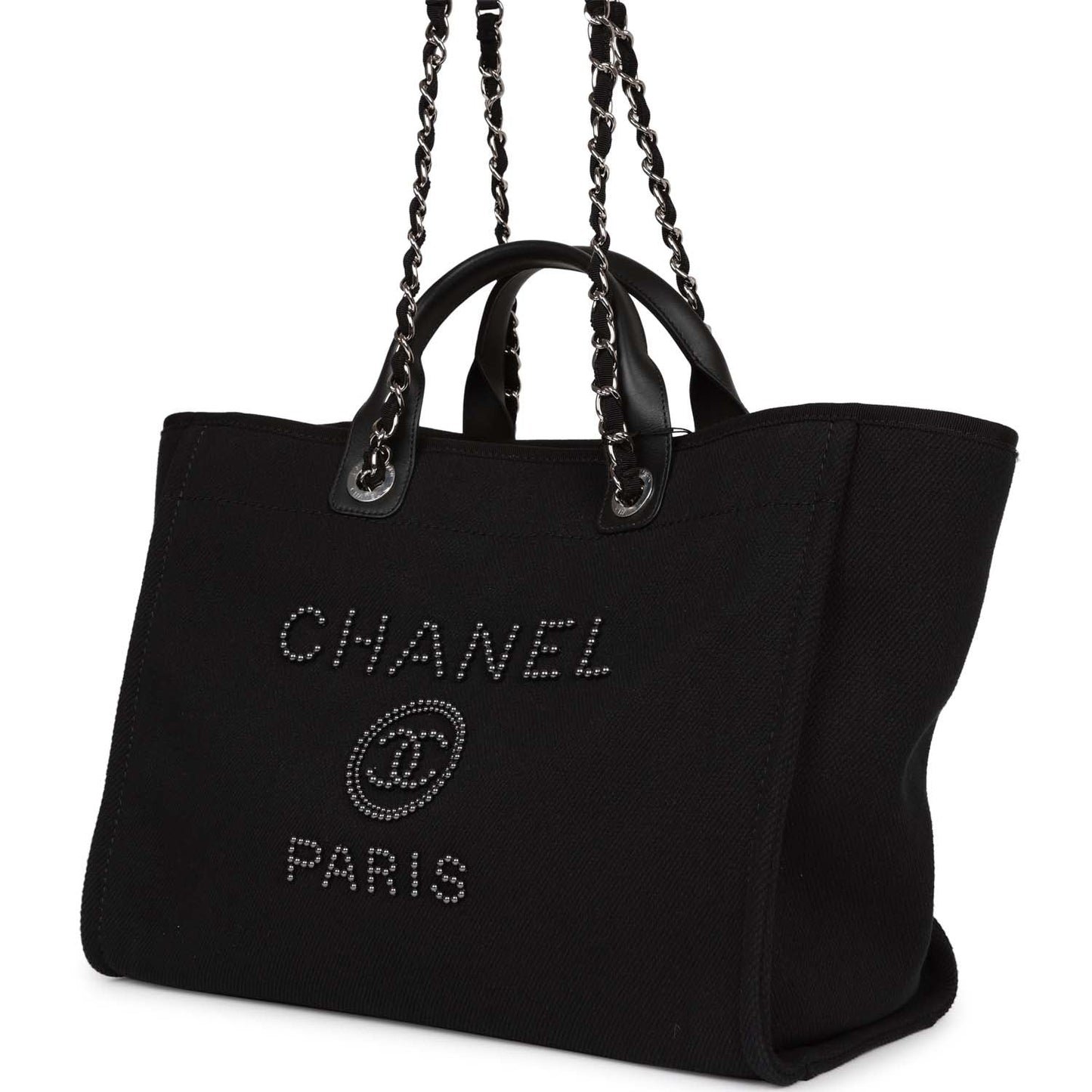 Chanel Large Deauville Shopping Bag Imitation Pearl And Black Canvas Silver Hardware