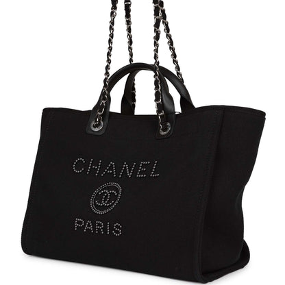 Chanel Large Deauville Shopping Bag Imitation Pearl And Black Canvas Silver Hardware