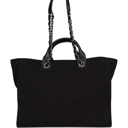 Chanel Large Deauville Shopping Bag Imitation Pearl And Black Canvas Silver Hardware