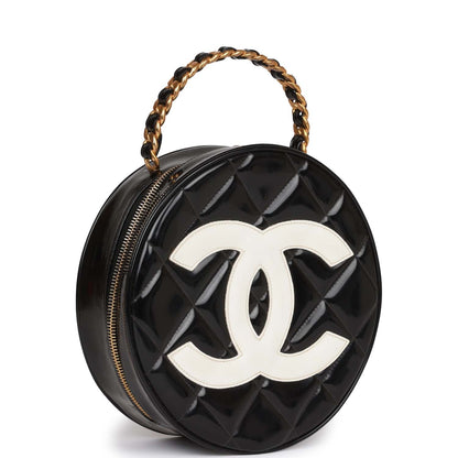 Chanel Round Vanity Bag Black And White Patent Leather Antique Gold Hardware