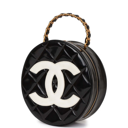 Chanel Round Vanity Bag Black And White Patent Leather Antique Gold Hardware
