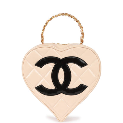 Chanel Heart Vanity Bag Beige And Black Patent Antique Gold Hardware