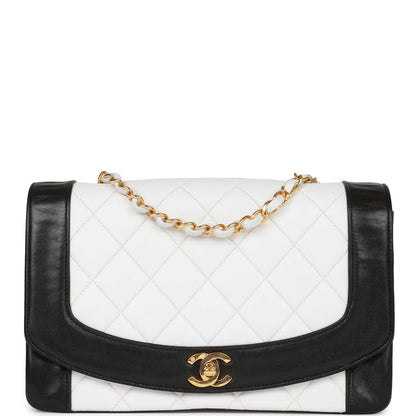 Chanel Medium Diana Flap Bag White And Black Lambskin Gold Hardware