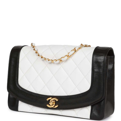 Chanel Medium Diana Flap Bag White And Black Lambskin Gold Hardware